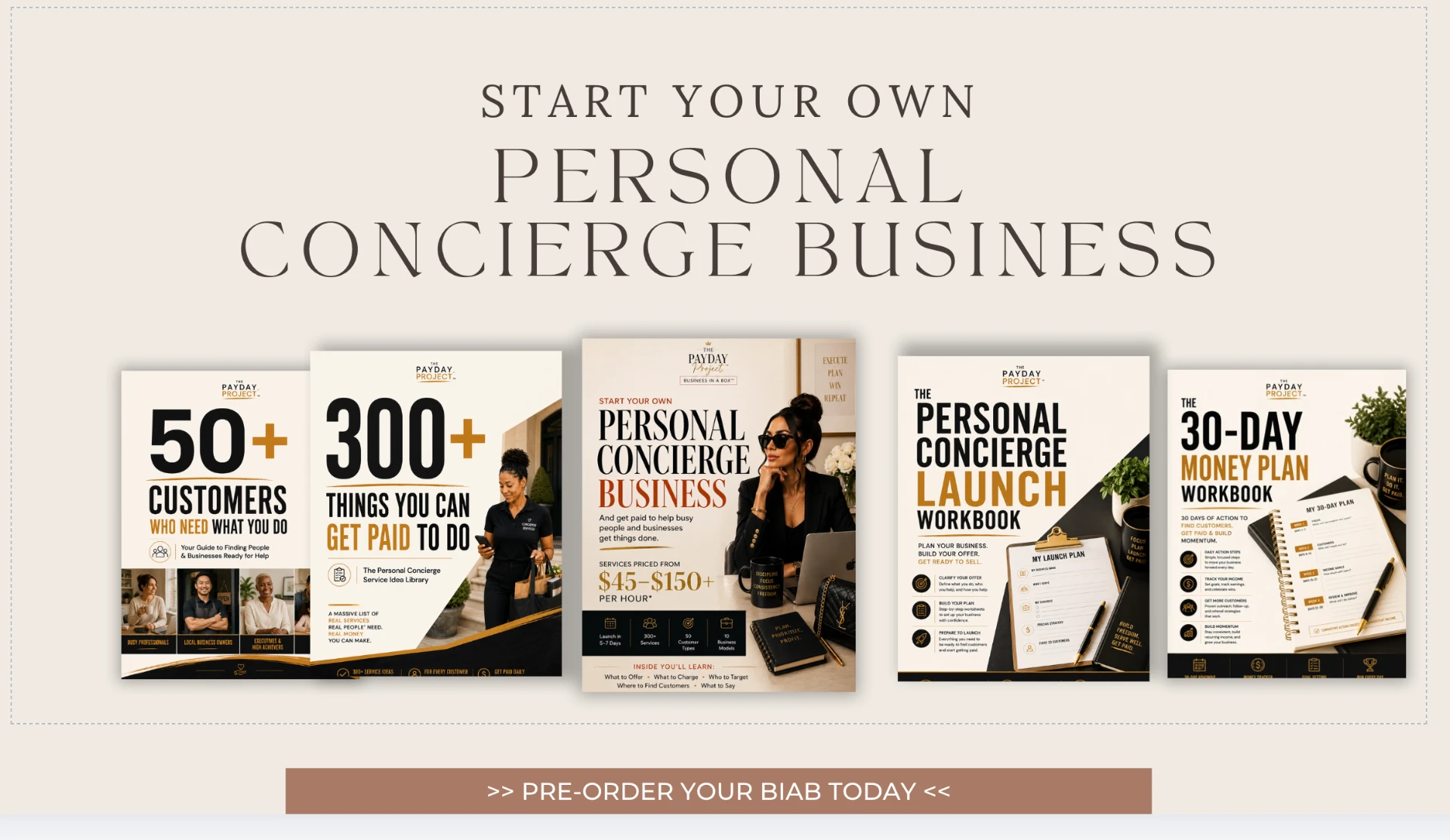 All five Personal Concierge Business in a Box pieces: 50+ customers guide, 300+ services library, main guide, launch workbook and 30-day money plan