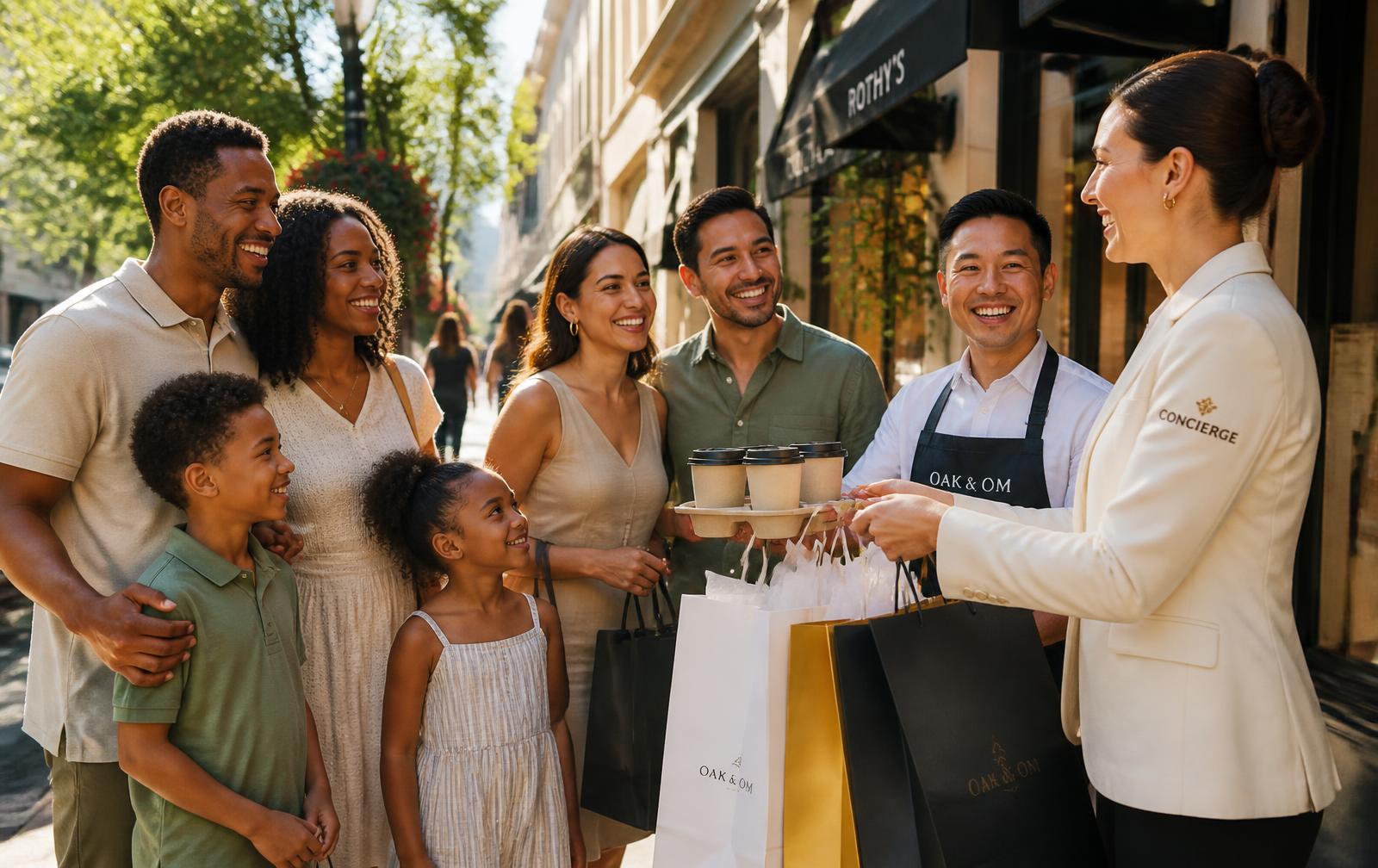 A diverse group of clients, a Black family, a Latino couple and an Asian business owner, receiving handled errands from a concierge